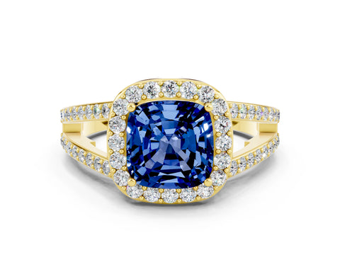 Yellow gold Cushion Cut Blue Sapphire Halo Ring with Split Shank U-Prong Band and Four-Prong Setting