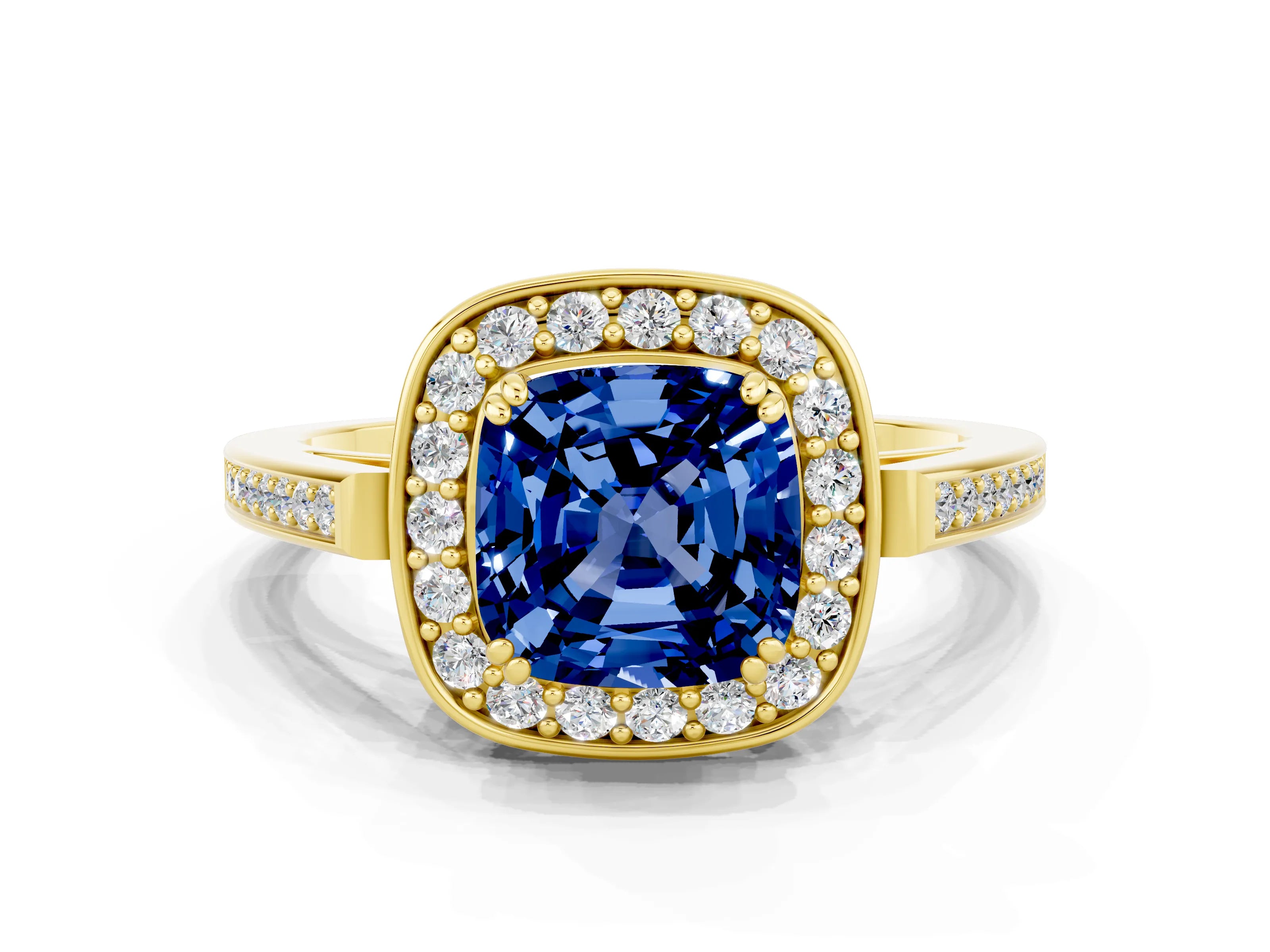 Yellow gold Cushion Cut Blue Sapphire Halo Ring with Split Shank and Four-Prong Setting_19