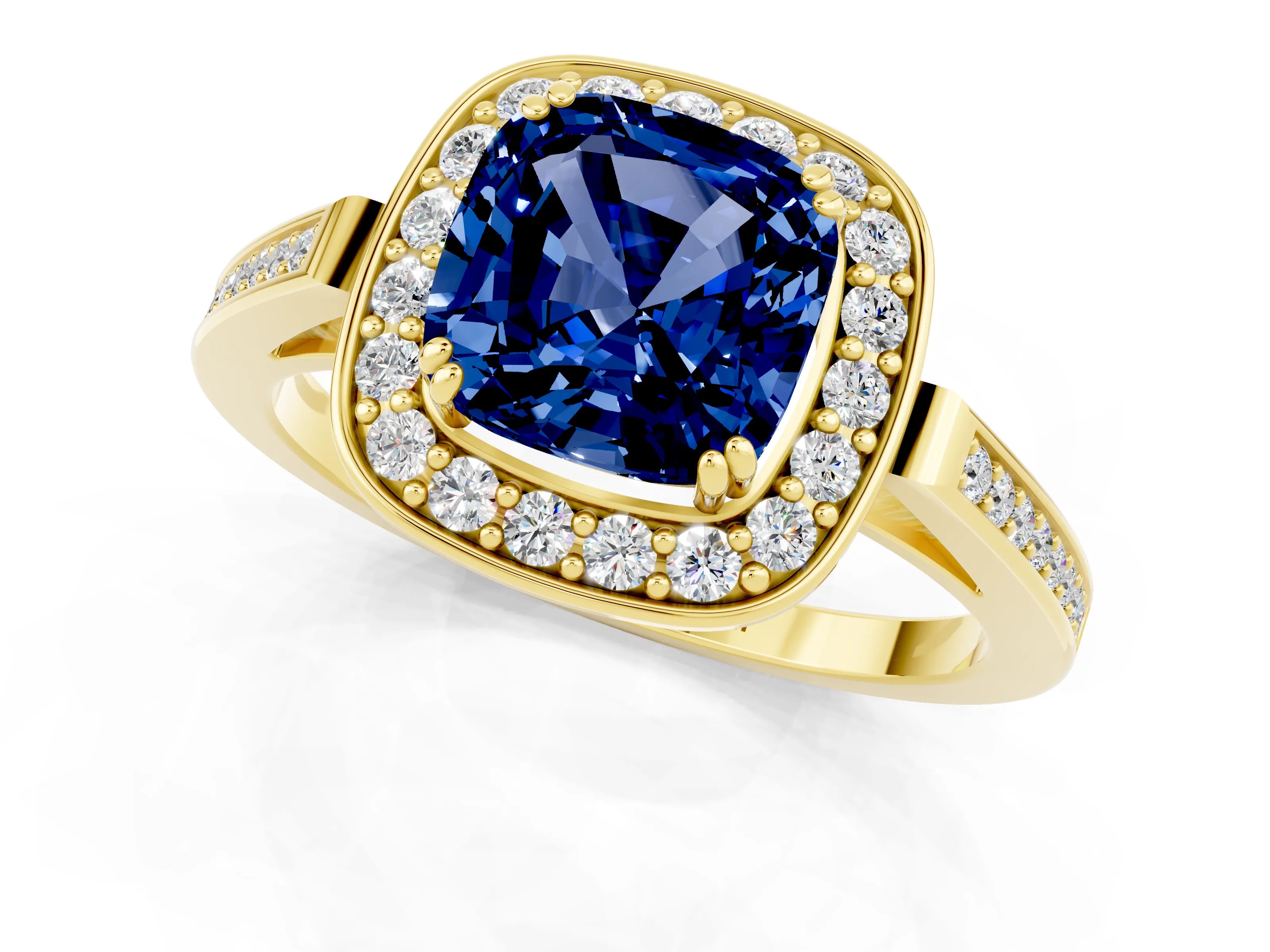 Yellow gold Cushion Cut Blue Sapphire Halo Ring with Split Shank and Four-Prong Setting_20