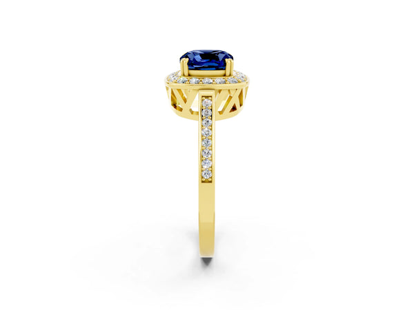 Yellow gold Cushion Cut Blue Sapphire Halo Ring with Split Shank and Four-Prong Setting