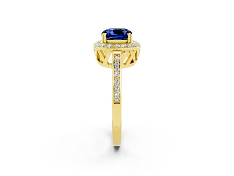 Yellow gold Cushion Cut Blue Sapphire Halo Ring with Split Shank and Four-Prong Setting_21