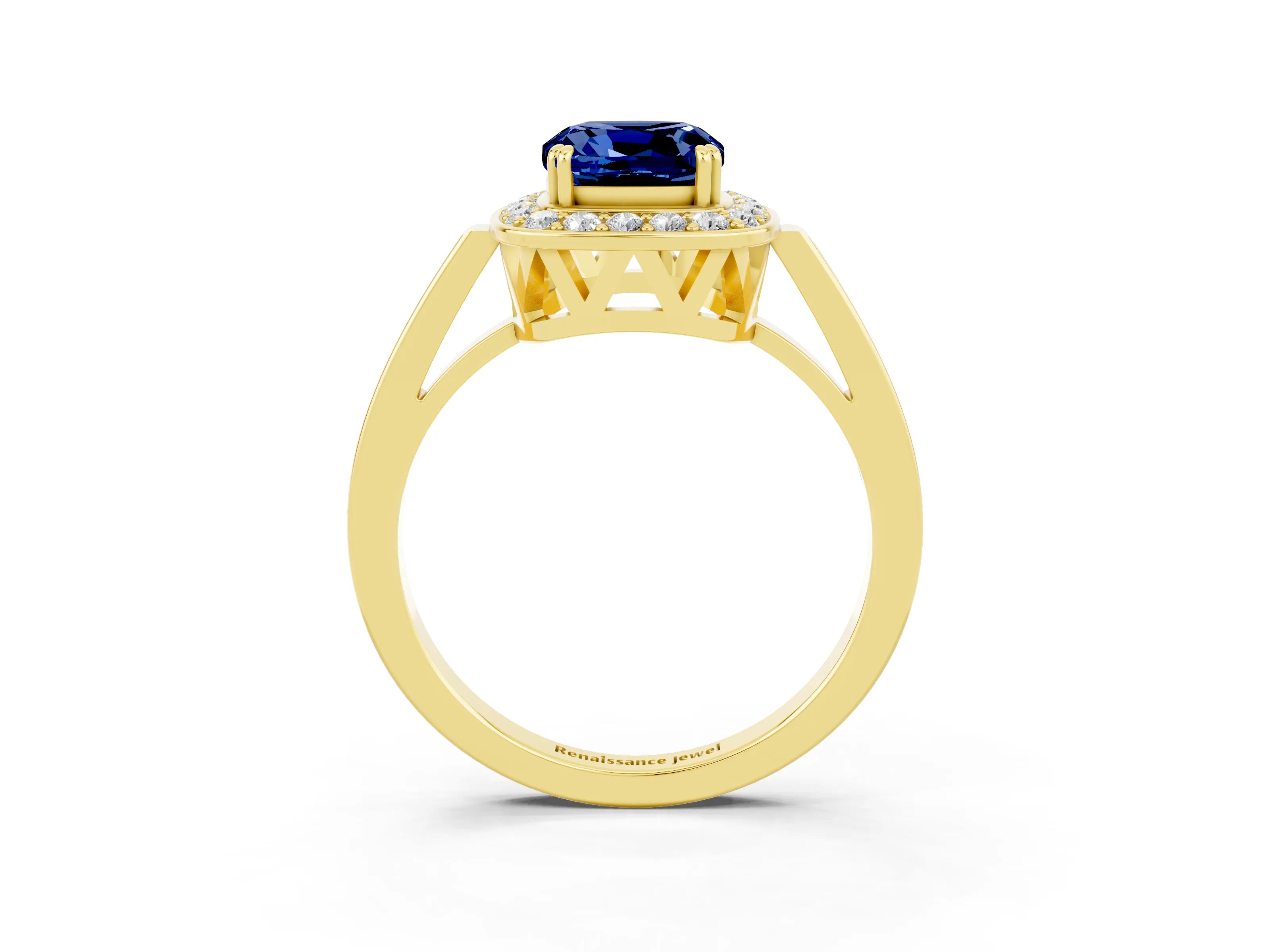Yellow gold Cushion Cut Blue Sapphire Halo Ring with Split Shank and Four-Prong Setting_22