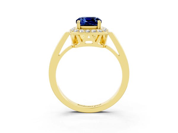 Yellow gold Cushion Cut Blue Sapphire Halo Ring with Split Shank and Four-Prong Setting