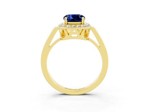 Yellow gold Cushion Cut Blue Sapphire Halo Ring with Split Shank and Four-Prong Setting_22