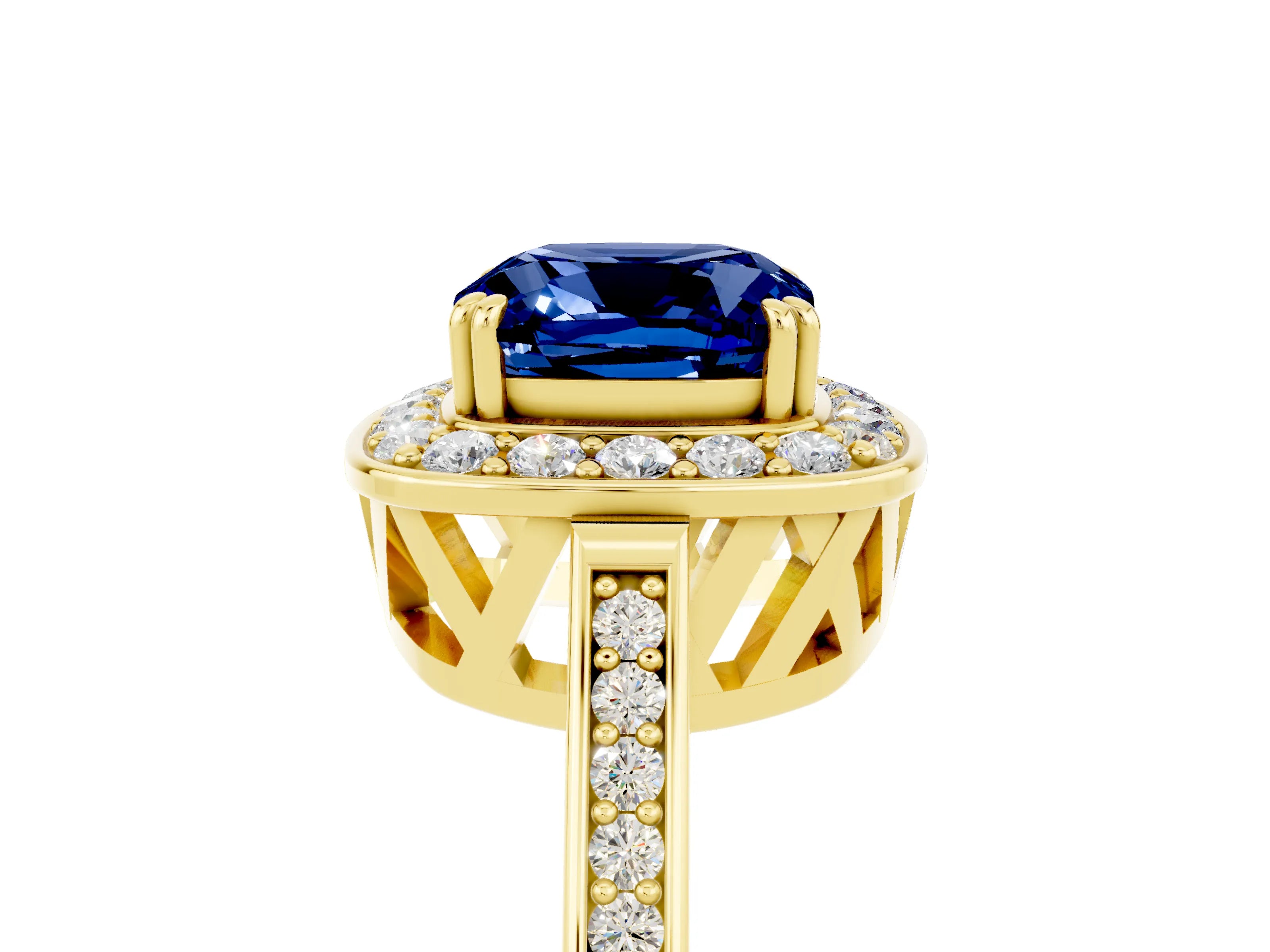 Yellow gold Cushion Cut Blue Sapphire Halo Ring with Split Shank and Four-Prong Setting_24