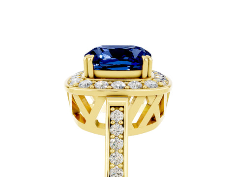 Yellow gold Cushion Cut Blue Sapphire Halo Ring with Split Shank and Four-Prong Setting_24