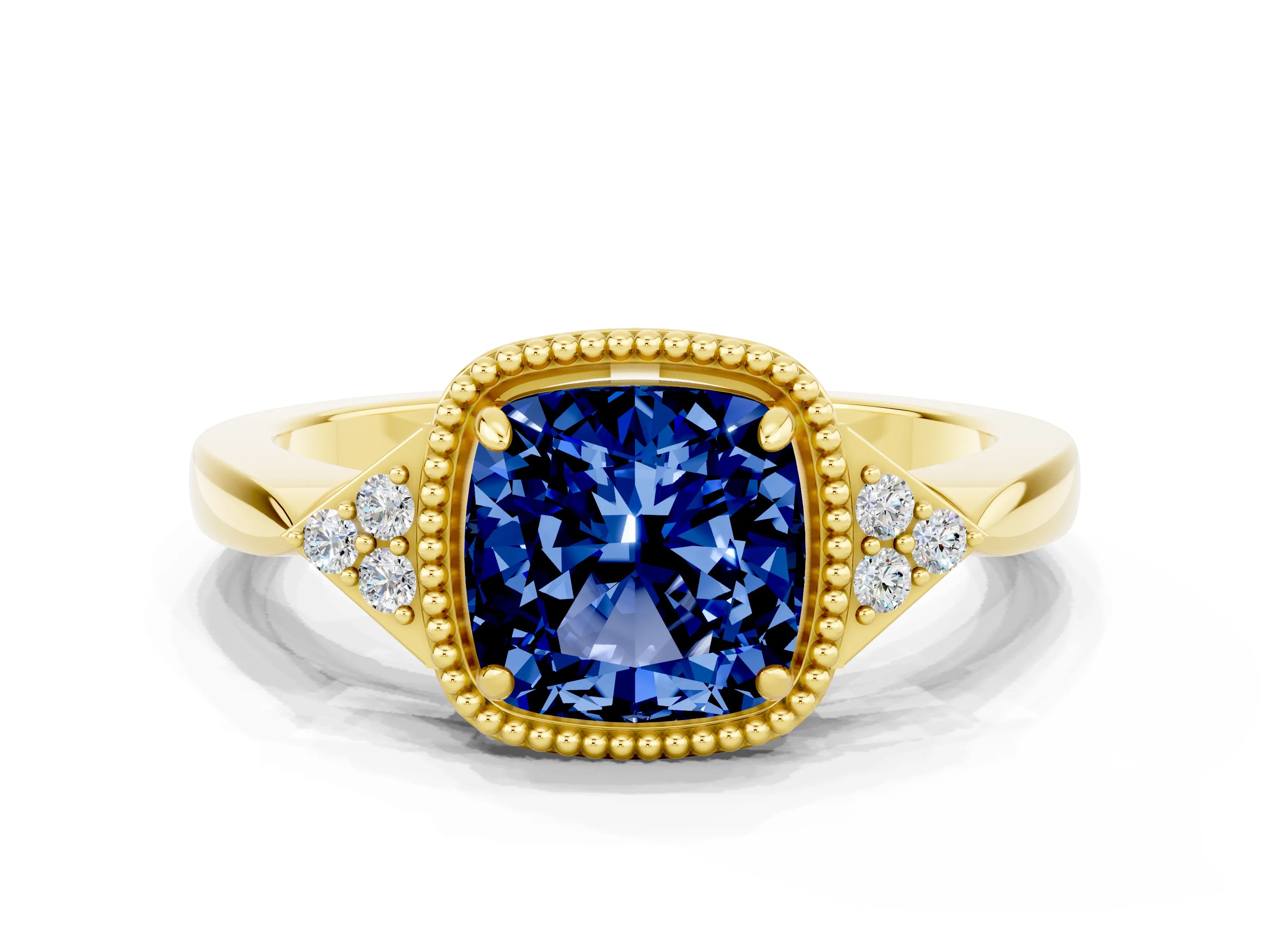 Yellow gold Cushion Cut Blue Sapphire Halo Ring with Tapered Band and Four-Prong Setting