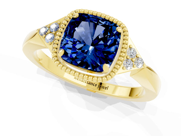 Yellow gold Cushion Cut Blue Sapphire Halo Ring with Tapered Band and Four-Prong Setting