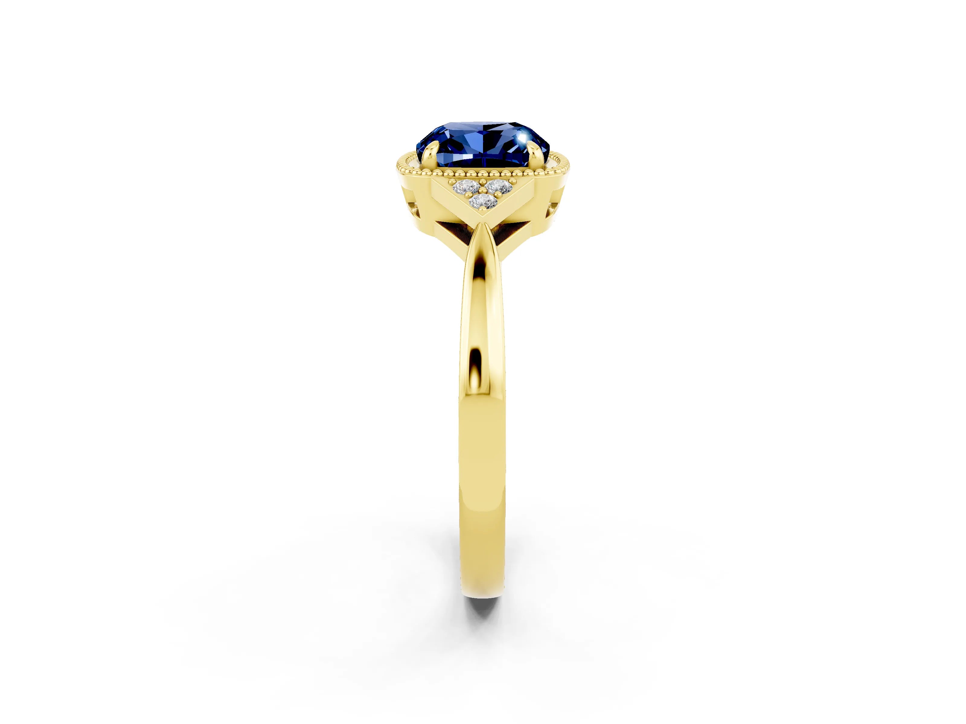 Yellow gold Cushion Cut Blue Sapphire Halo Ring with Tapered Band and Four-Prong Setting_2