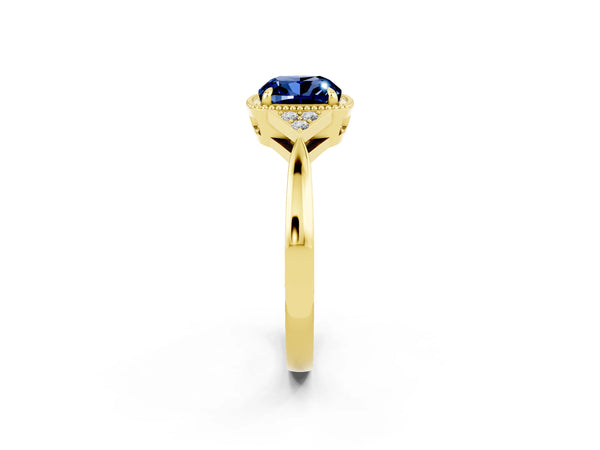 Yellow gold Cushion Cut Blue Sapphire Halo Ring with Tapered Band and Four-Prong Setting