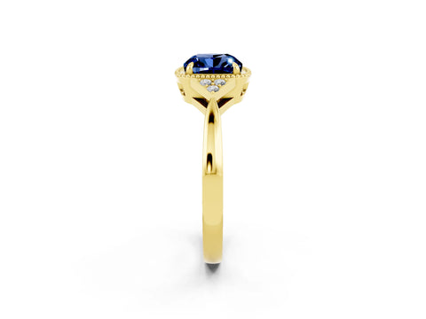 Yellow gold Cushion Cut Blue Sapphire Halo Ring with Tapered Band and Four-Prong Setting_2