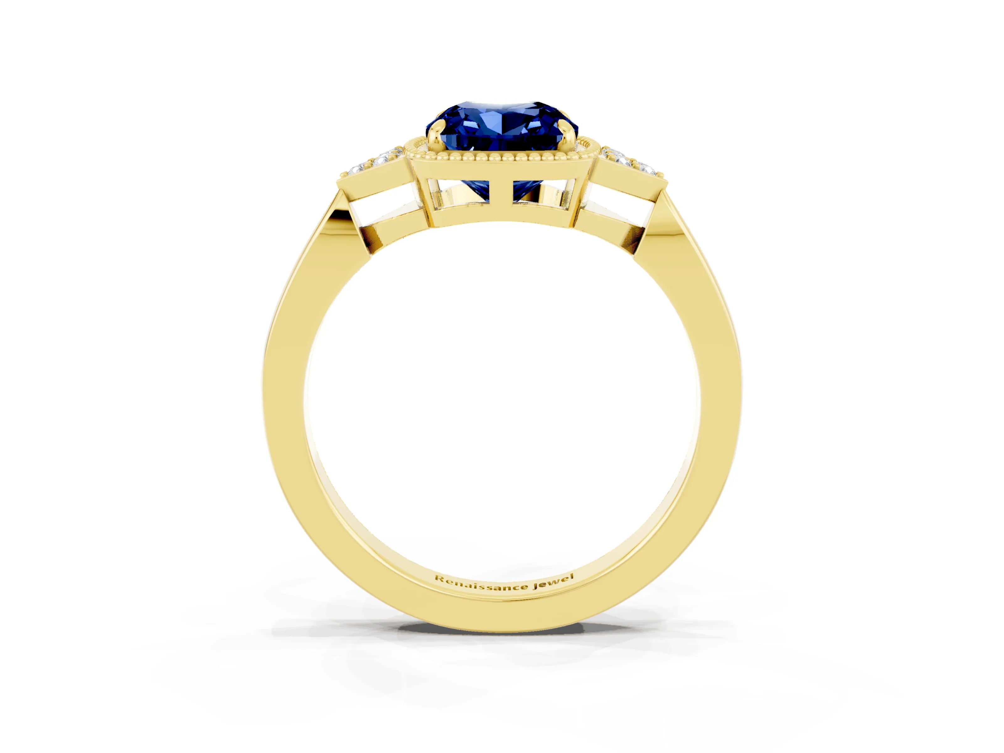 Yellow gold Cushion Cut Blue Sapphire Halo Ring with Tapered Band and Four-Prong Setting_3