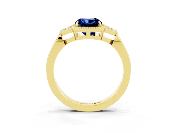 Yellow gold Cushion Cut Blue Sapphire Halo Ring with Tapered Band and Four-Prong Setting