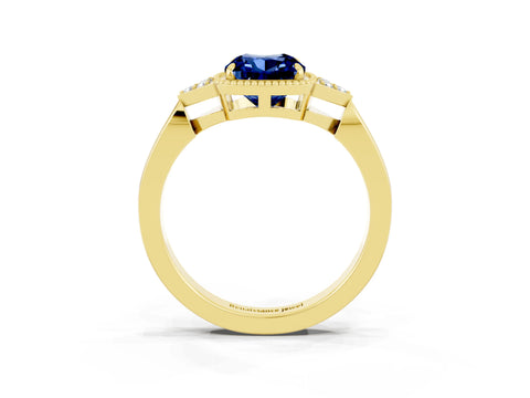 Yellow gold Cushion Cut Blue Sapphire Halo Ring with Tapered Band and Four-Prong Setting_3