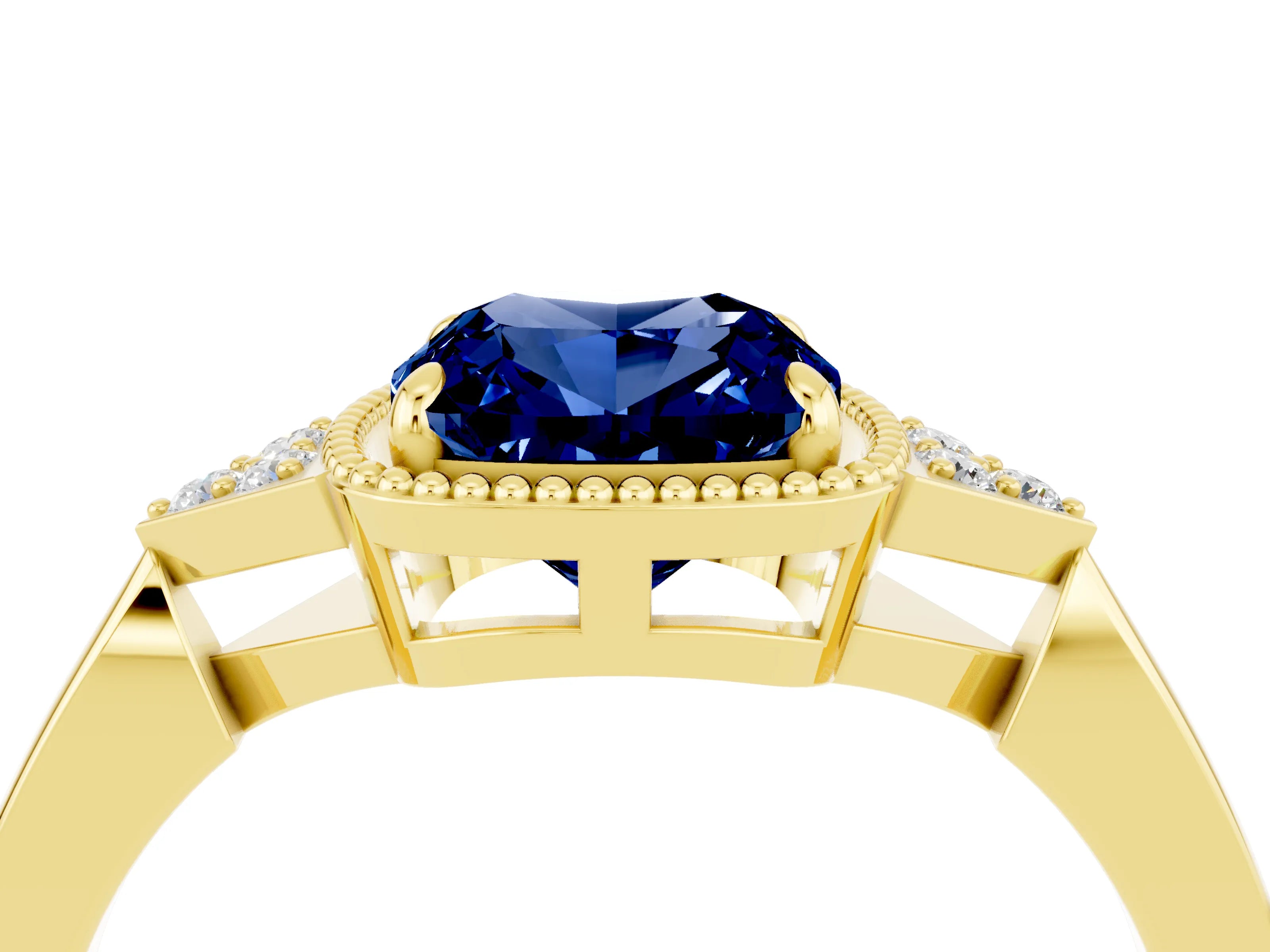 Yellow gold Cushion Cut Blue Sapphire Halo Ring with Tapered Band and Four-Prong Setting_4