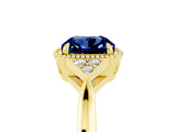 Yellow gold Cushion Cut Blue Sapphire Halo Ring with Tapered Band and Four-Prong Setting_5