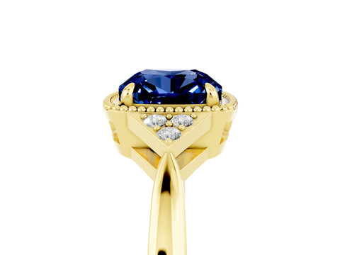 Yellow gold Cushion Cut Blue Sapphire Halo Ring with Tapered Band and Four-Prong Setting_5
