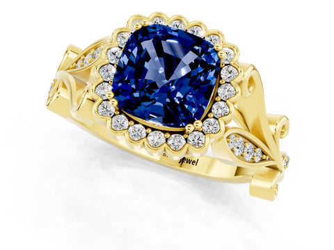 Yellow gold Cushion Cut Blue Sapphire Halo Ring with Vintage Split Shank and Four-Prong Setting_1