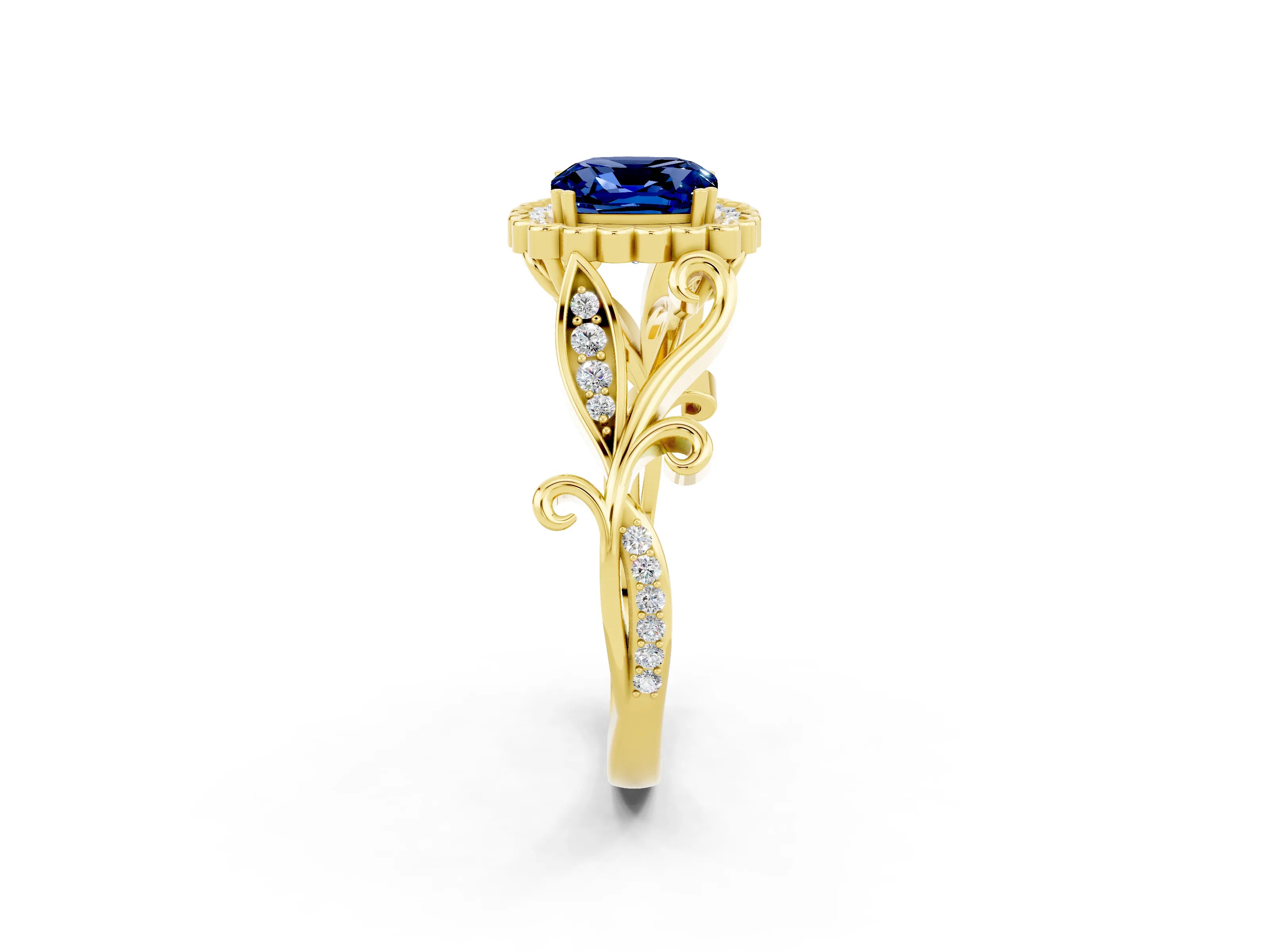 Yellow gold Cushion Cut Blue Sapphire Halo Ring with Vintage Split Shank and Four-Prong Setting_2