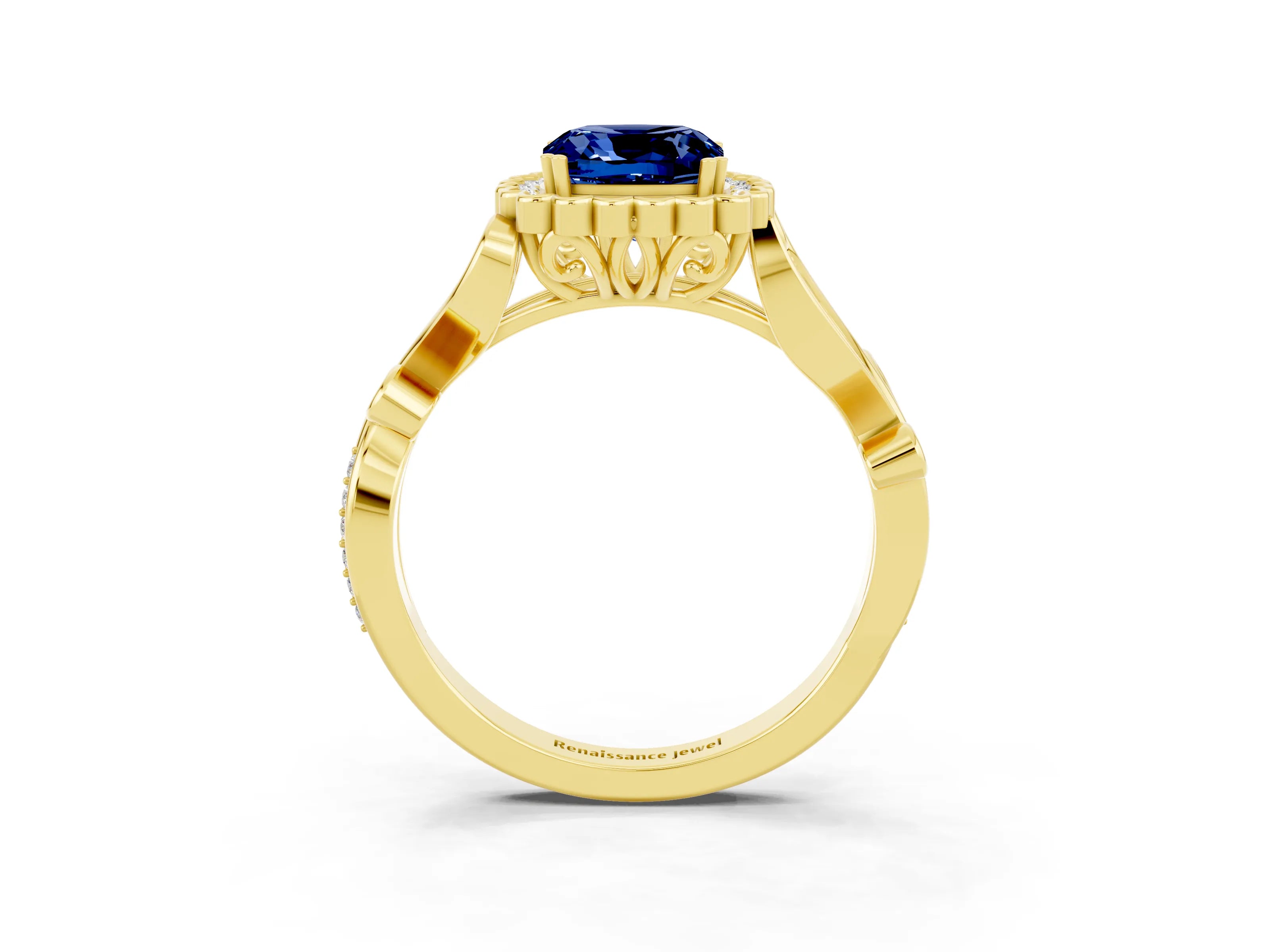 Yellow gold Cushion Cut Blue Sapphire Halo Ring with Vintage Split Shank and Four-Prong Setting_3