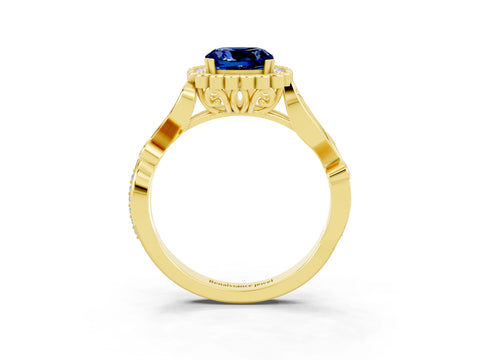 Yellow gold Cushion Cut Blue Sapphire Halo Ring with Vintage Split Shank and Four-Prong Setting_3