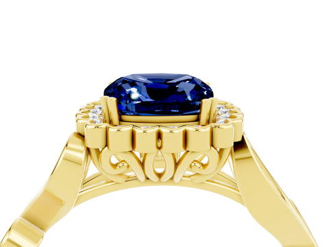 Yellow gold Cushion Cut Blue Sapphire Halo Ring with Vintage Split Shank and Four-Prong Setting_4