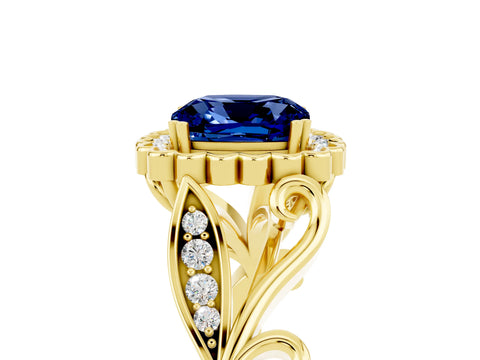 Yellow gold Cushion Cut Blue Sapphire Halo Ring with Vintage Split Shank and Four-Prong Setting_5