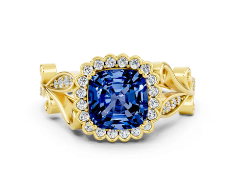 Yellow gold Cushion Cut Blue Sapphire Halo Ring with Vintage Split Shank and Four-Prong Setting
