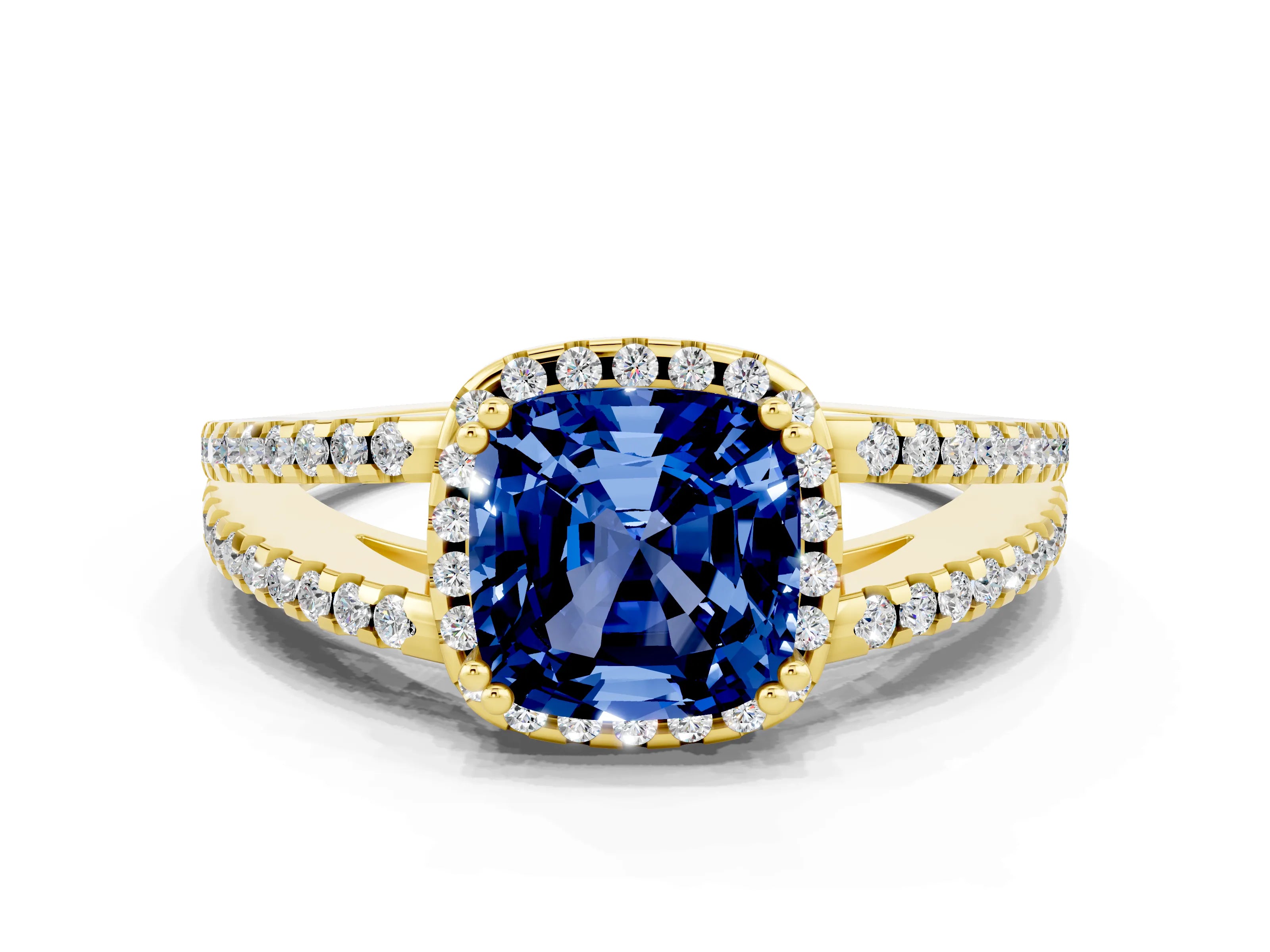 Yellow gold Cushion Cut Blue Sapphire Halo Split Shank Engagement Ring_12