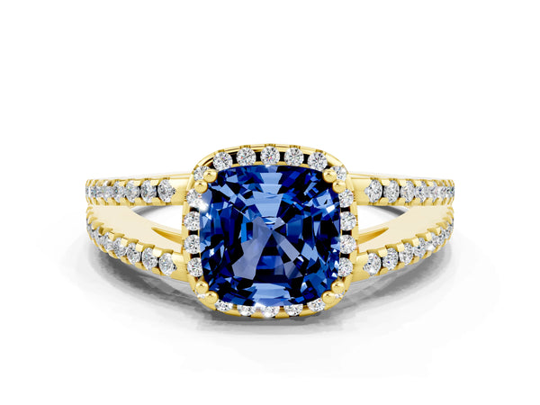 Yellow gold Cushion Cut Blue Sapphire Halo Split Shank Engagement Ring