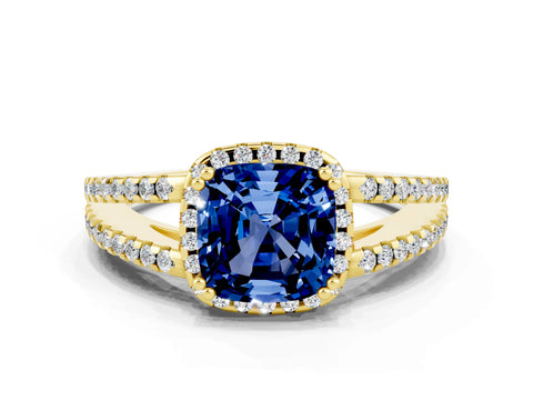 Yellow gold Cushion Cut Blue Sapphire Halo Split Shank Engagement Ring_12