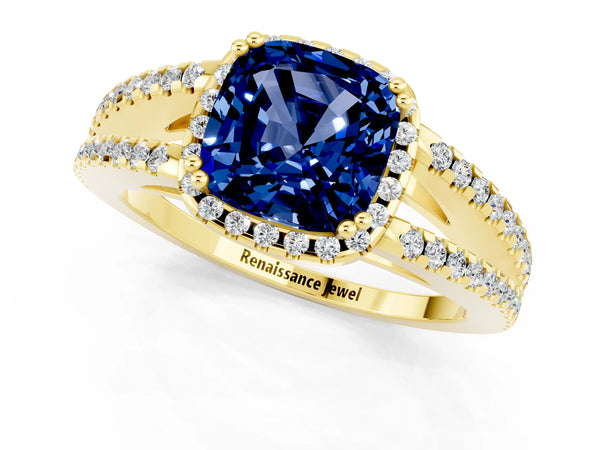 Yellow gold Cushion Cut Blue Sapphire Halo Split Shank Engagement Ring