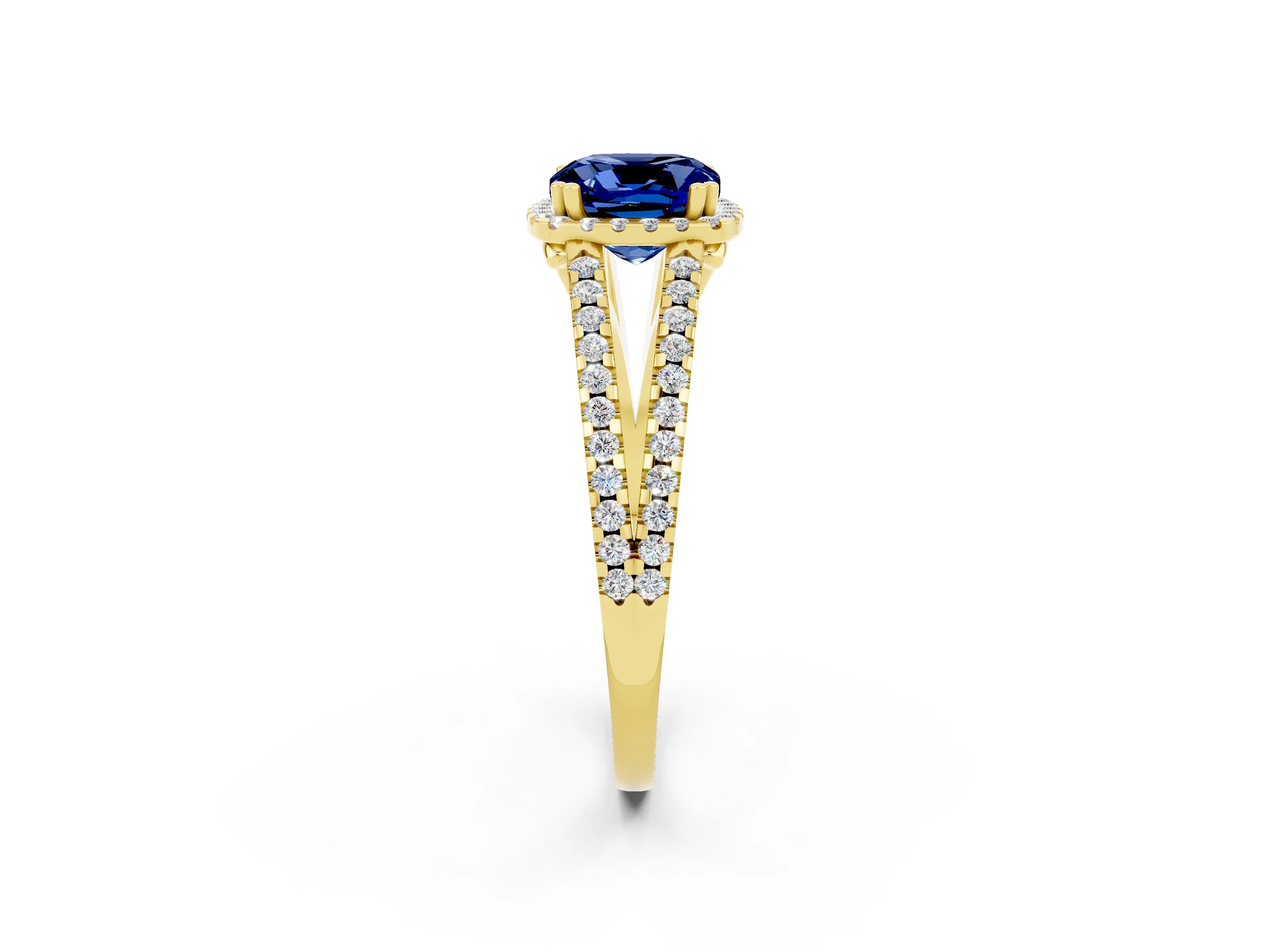 Yellow gold Cushion Cut Blue Sapphire Halo Split Shank Engagement Ring_14