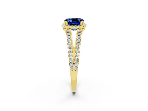 Yellow gold Cushion Cut Blue Sapphire Halo Split Shank Engagement Ring_14