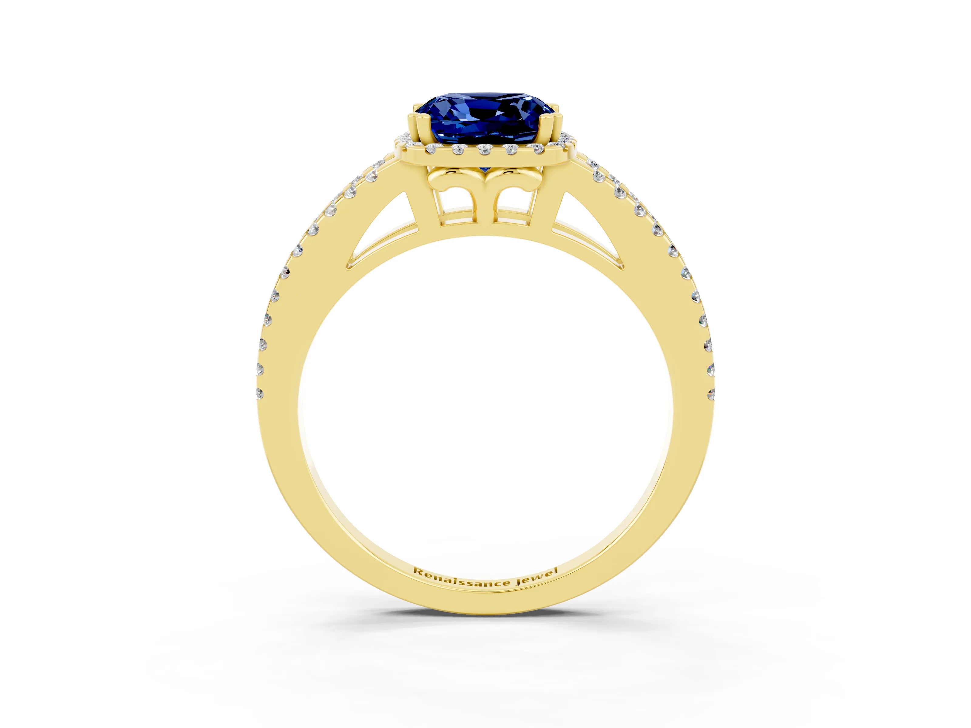 Yellow gold Cushion Cut Blue Sapphire Halo Split Shank Engagement Ring_15