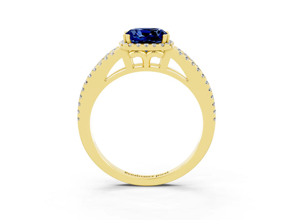 Yellow gold Cushion Cut Blue Sapphire Halo Split Shank Engagement Ring