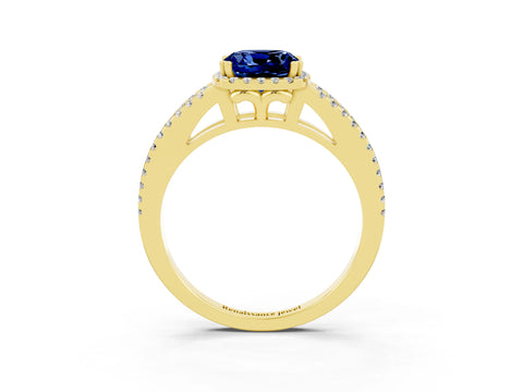 Yellow gold Cushion Cut Blue Sapphire Halo Split Shank Engagement Ring_15