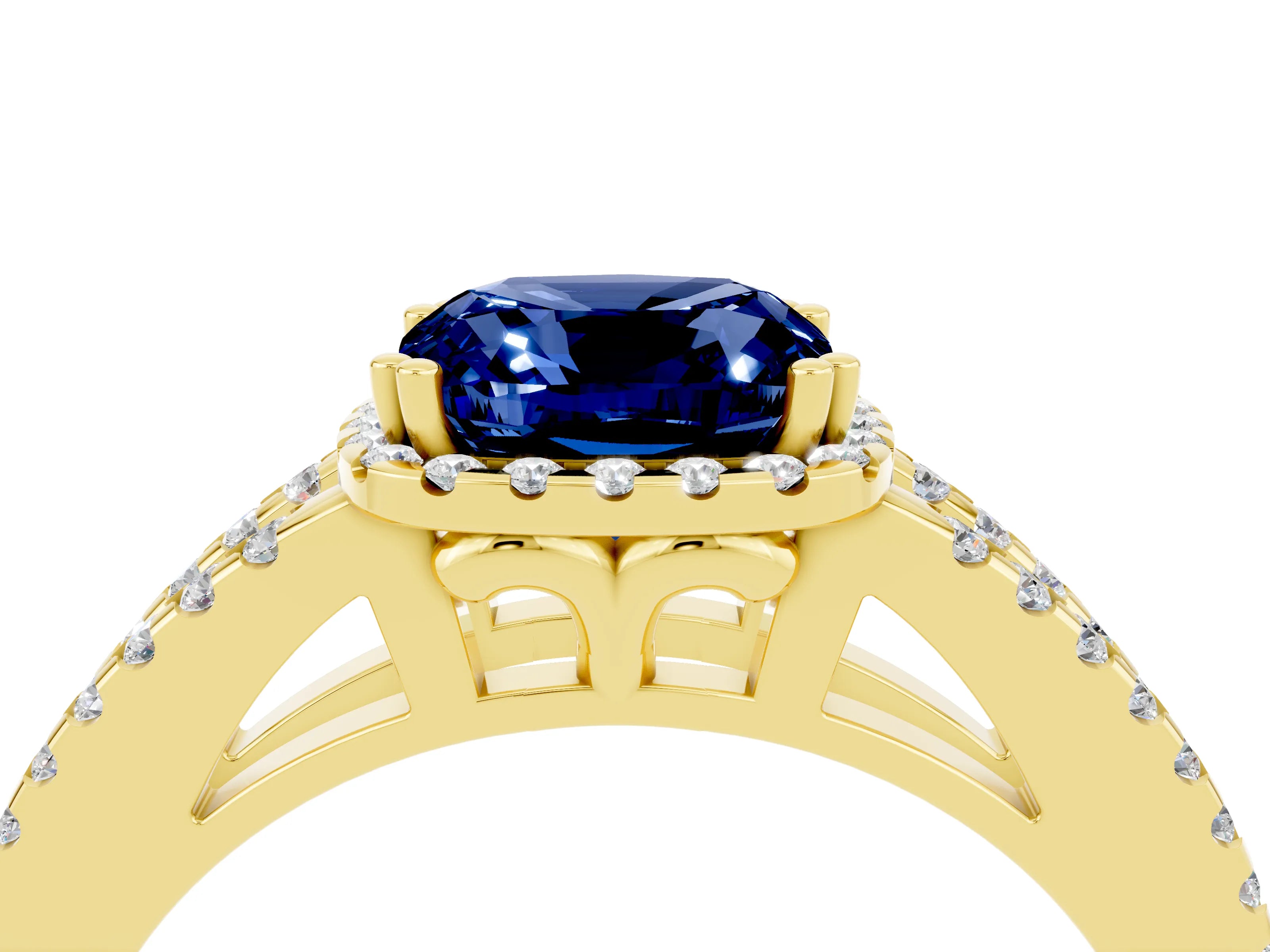 Yellow gold Cushion Cut Blue Sapphire Halo Split Shank Engagement Ring_16