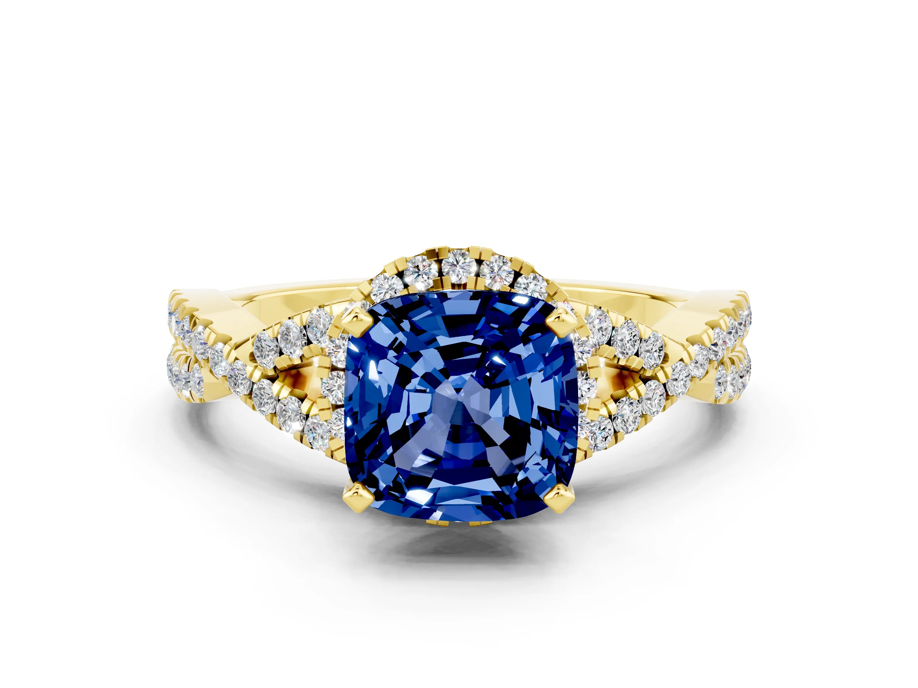 Yellow gold Cushion Cut Blue Sapphire Halo Twist Band Solitaire Prong Setting Ring