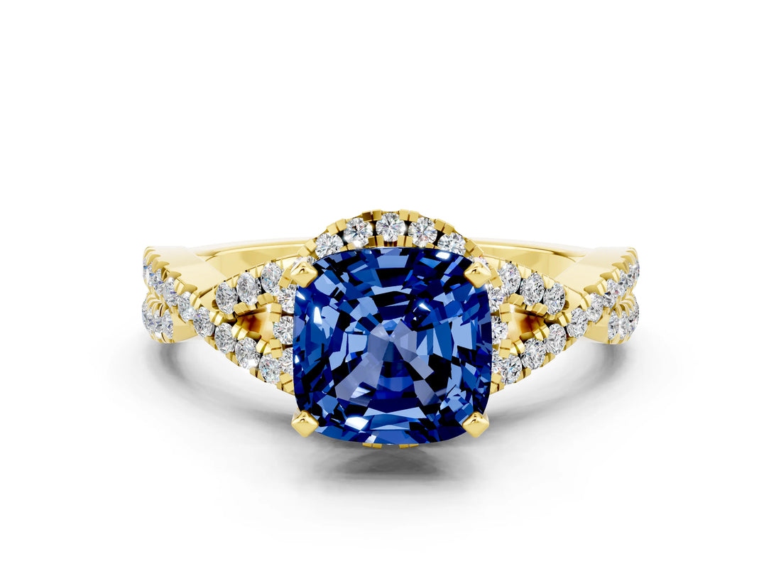 Yellow gold Cushion Cut Blue Sapphire Halo Twist Band Solitaire Prong Setting Ring