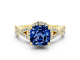 Yellow gold Cushion Cut Blue Sapphire Halo Twist Band Solitaire Prong Setting Ring