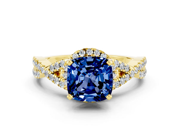 Yellow gold Cushion Cut Blue Sapphire  Halo Twist Band Solitaire Prong Setting Ring