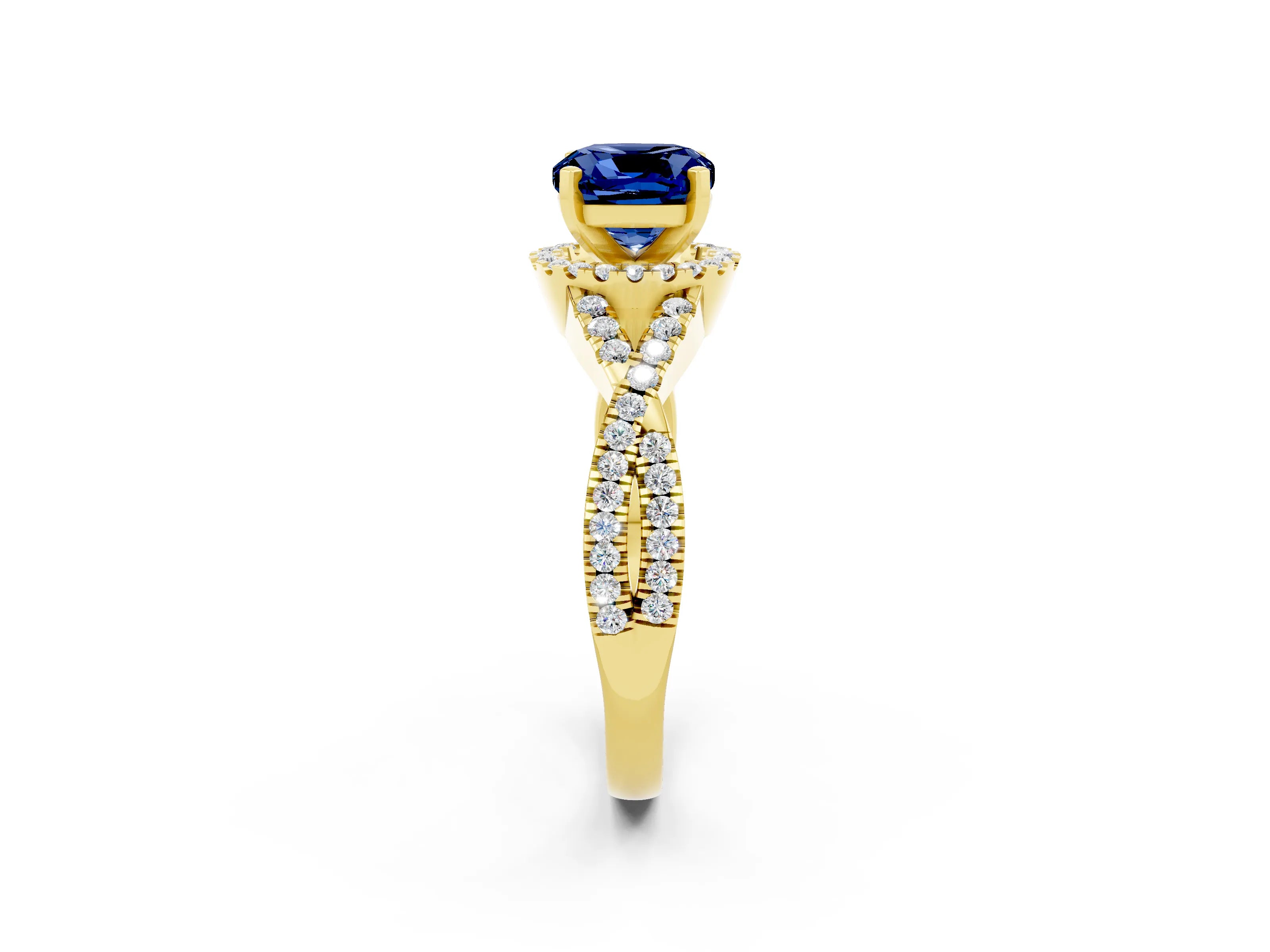 Yellow gold Cushion Cut Blue Sapphire Halo Twist Band Solitaire Prong Setting Ring_2