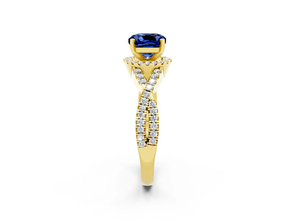 Yellow gold Cushion Cut Blue Sapphire  Halo Twist Band Solitaire Prong Setting Ring