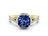 Yellow gold Cushion Cut Blue Sapphire  Halo Twist Band Solitaire Prong Setting Ring_24