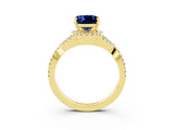 Yellow gold Cushion Cut Blue Sapphire  Halo Twist Band Solitaire Prong Setting Ring_27