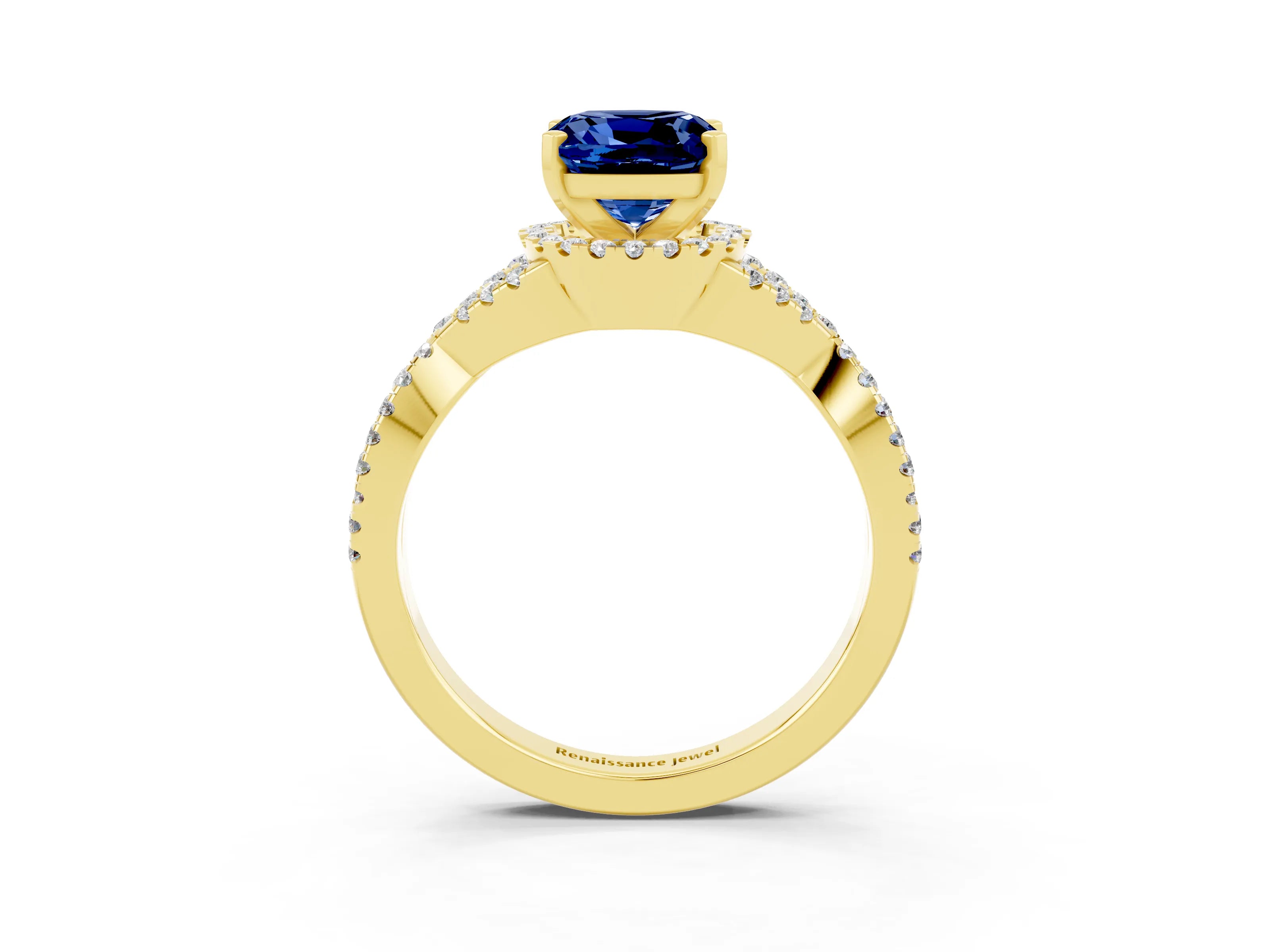 Yellow gold Cushion Cut Blue Sapphire Halo Twist Band Solitaire Prong Setting Ring_3