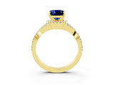 Yellow gold Cushion Cut Blue Sapphire Halo Twist Band Solitaire Prong Setting Ring_3