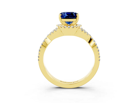 Yellow gold Cushion Cut Blue Sapphire Halo Twist Band Solitaire Prong Setting Ring_3