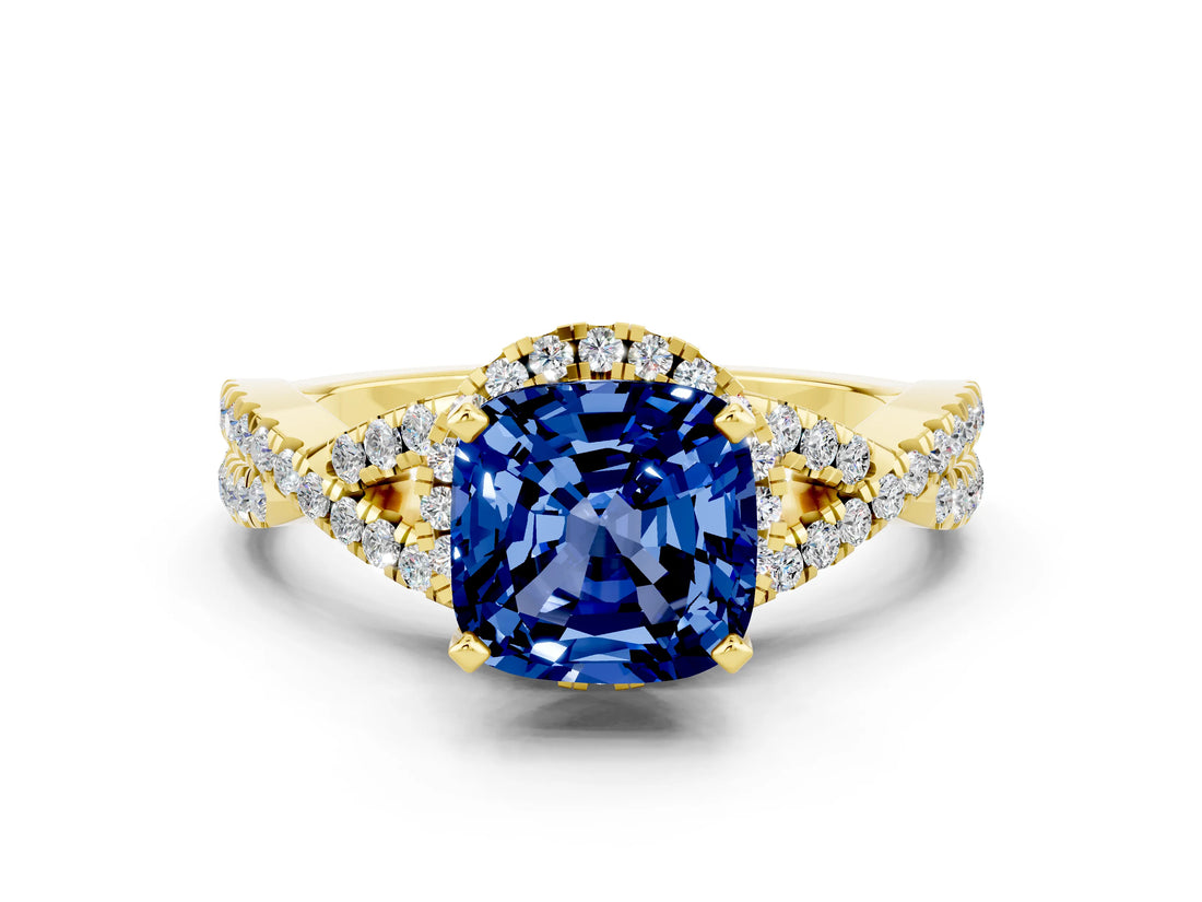 Yellow gold Cushion Cut Blue Sapphire  Halo Twist Band Solitaire Prong Setting Ring_42